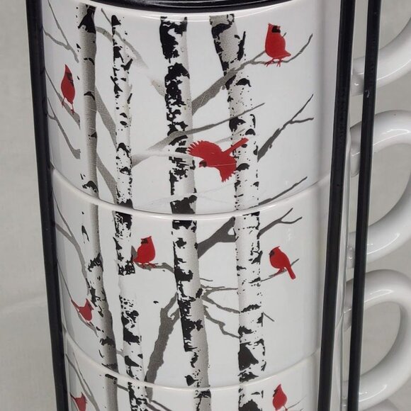 White River Cardinal on Birch Stackable Coffee Mugs Set of 4 With Rack Rustic - Picture 16 of 16